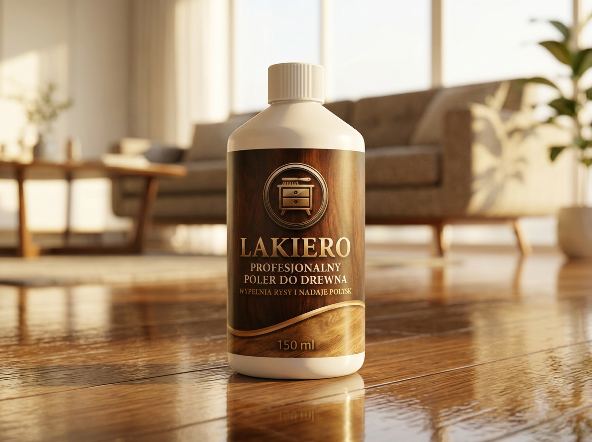 Butelka Lakiero™ 150 ml na błyszczącej drewnianej podłodze w salonie